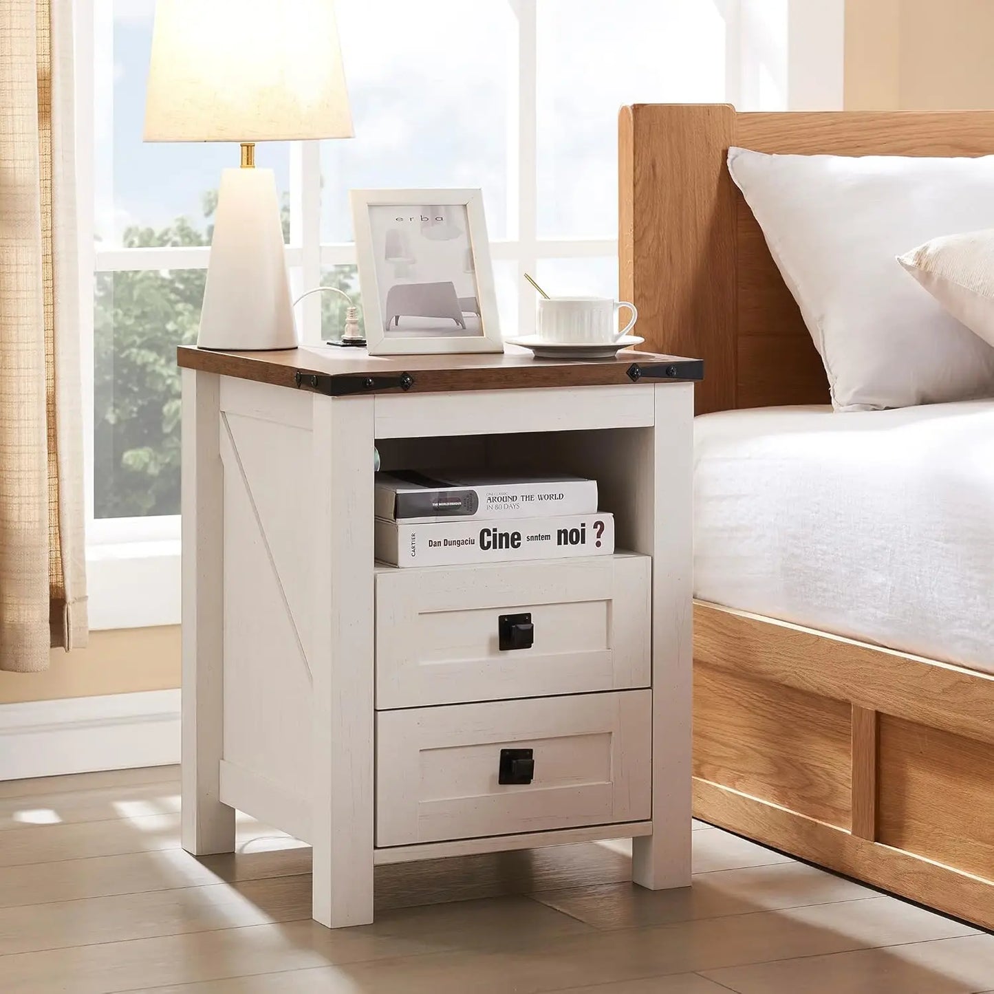 CHARLEE Rustic Farmhouse Nightstand with Charging Station & Storage - 18'' Wide