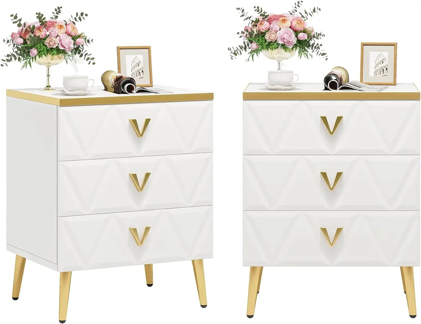 AZALEA Modern 3-Drawer Nightstand with Golden Legs - 19.69" W Stylish Bedside Table