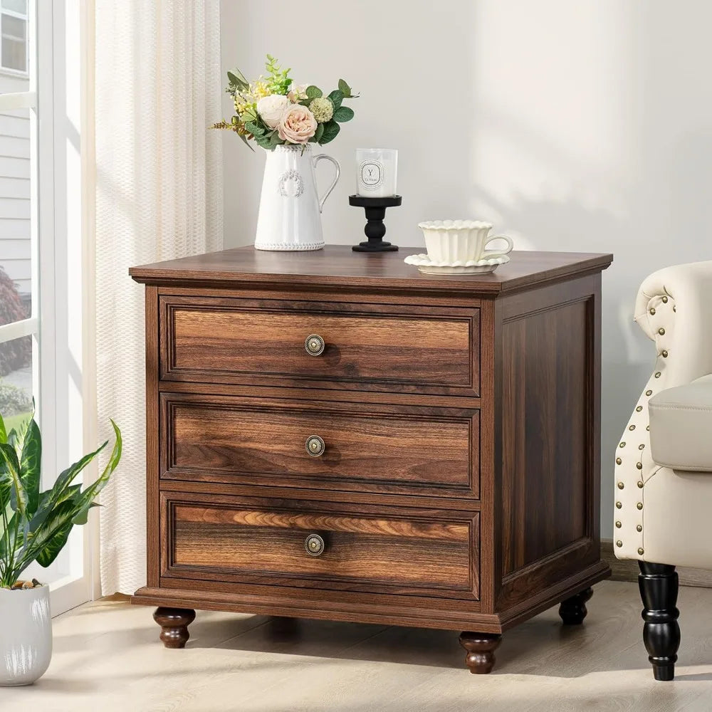 NAYELI Wide Nightstand Set of 2 – Solid Wood End Table with 3 Drawers for Bedroom