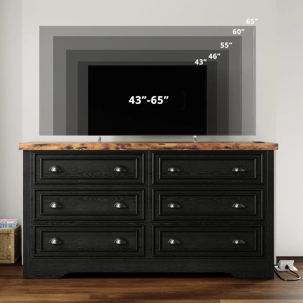 FINLEY Wide 6-Drawer Dresser with Charging Station - Rustic Wood Storage Cabinet