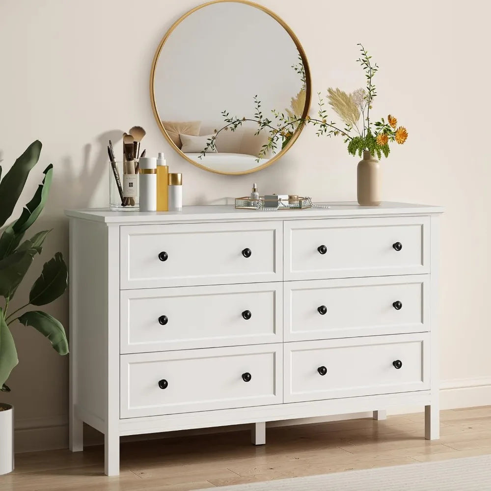 DAPHNE Modern 6 Drawer Dresser – Wide Chest of Drawers with Metal Knob Handles