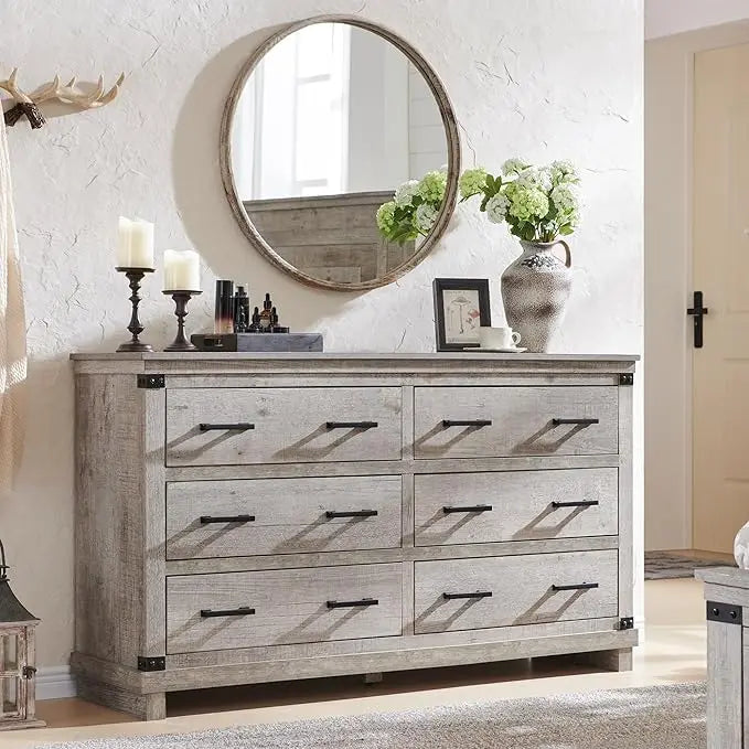 LEILA Farmhouse Rustic 6-Drawer Dresser - 54" Wide Chest of Drawers for Bedroom Storage