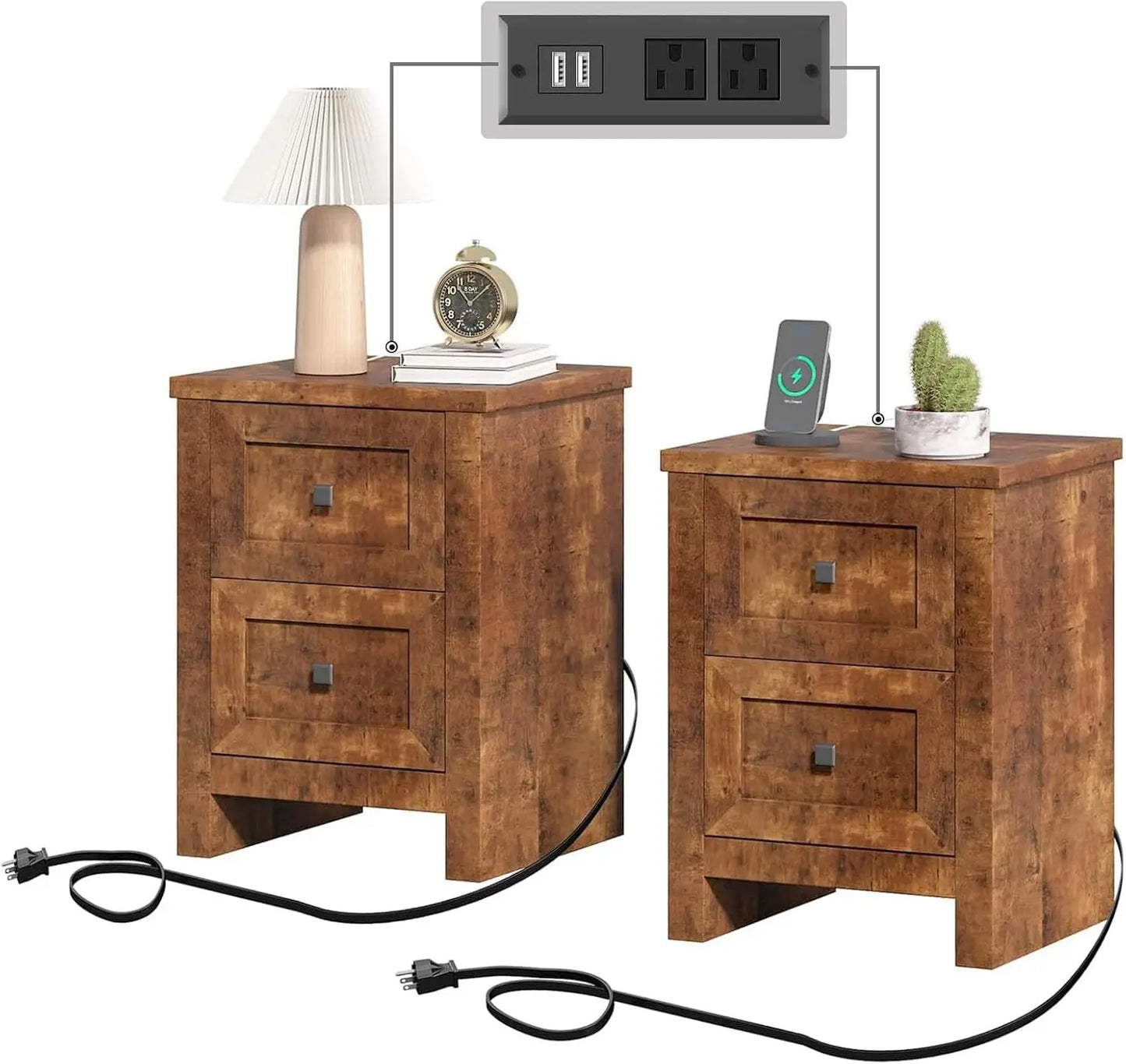 LAILA Nightstand Set of 2 - 17.7" Wide Wood End Table with Charging Station & Storage Drawers