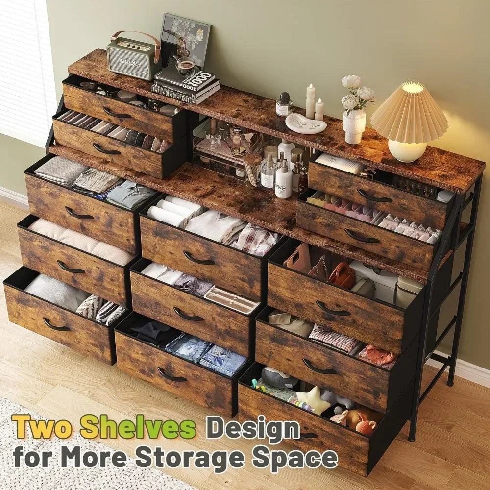 OPHELIA Modern Wide Storage Dresser – 13 Drawer Organizer with Open Shelves | 55.1'' W