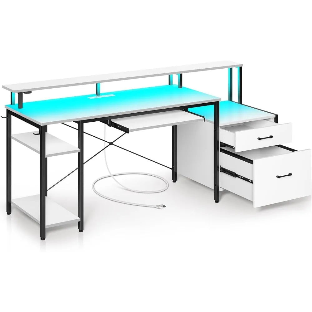 OLIVIA Gaming Desk with LED Lights & Power Outlets Storage Shelves- 63"W