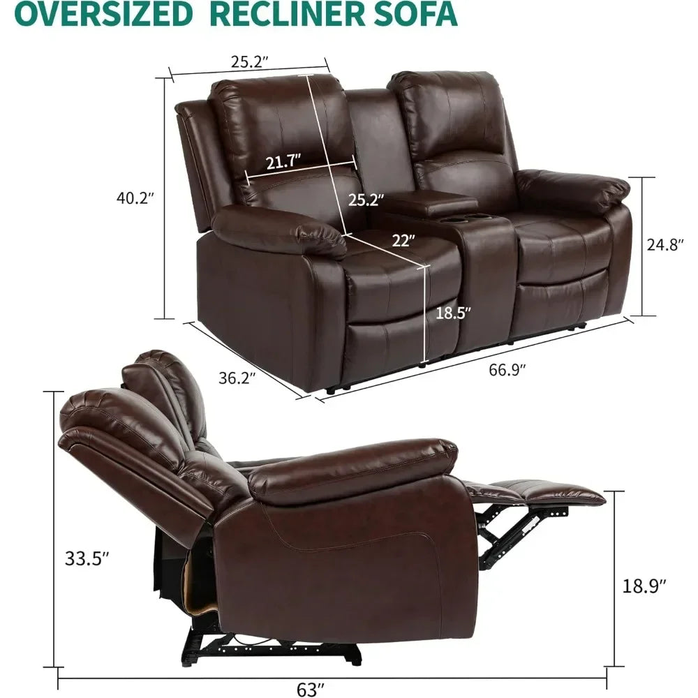 JASMINE Minimalist Modern Reclining Sofa with Storage Console, Double Recliner - 36" W