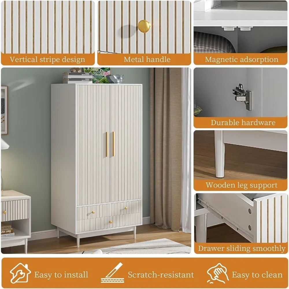 SUNNY Modern Fluted Double-Door Wardrobe Closet Set – 63'' Wide Wooden Bedroom Armoire
