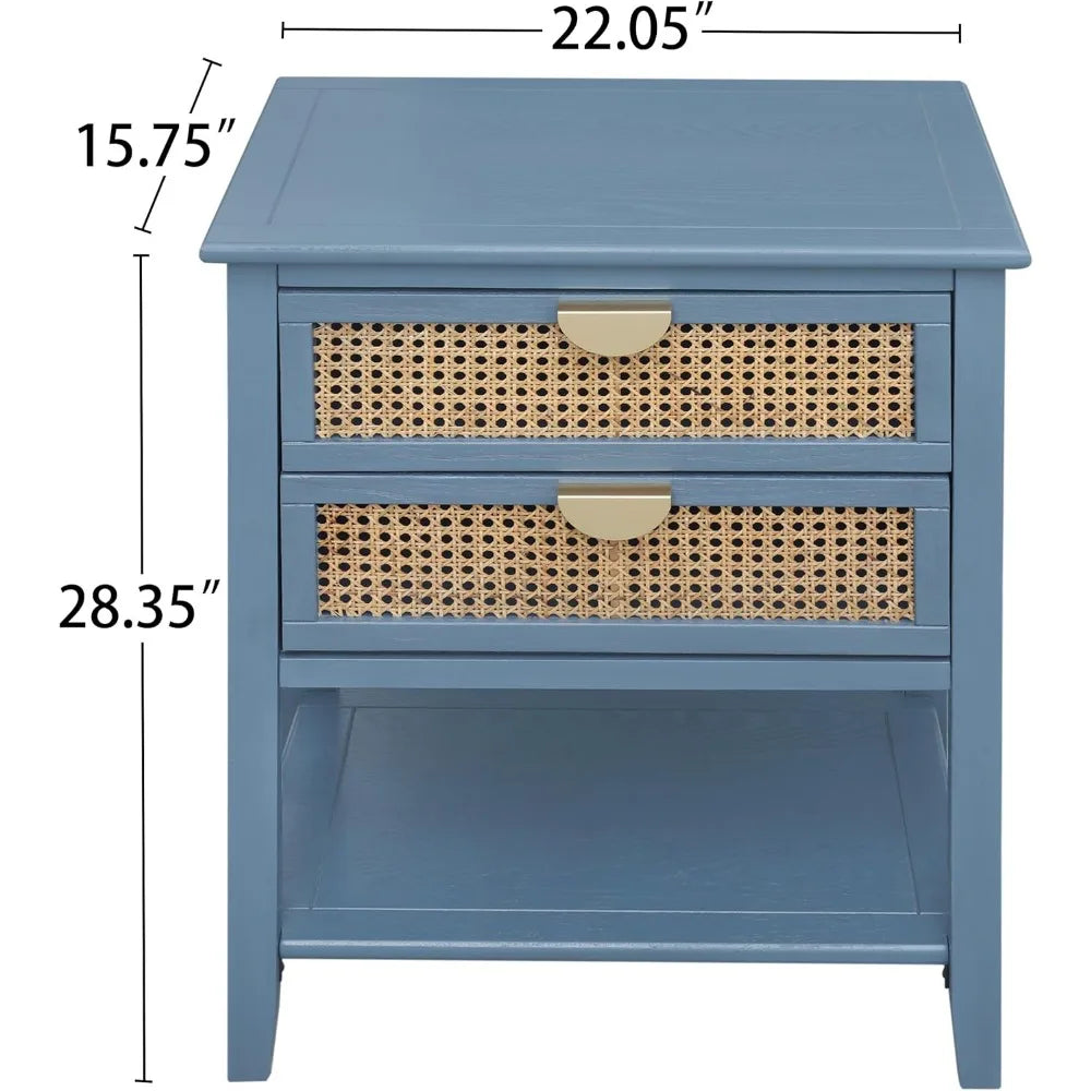 EVELYNN Modern Blue Rattan Nightstand Set - 2-Drawer Side Table 18'' Wide