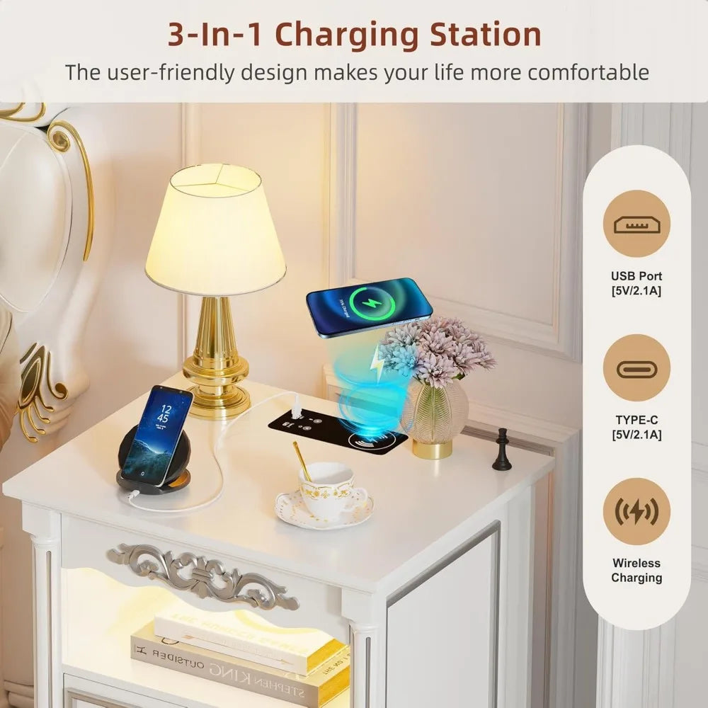 NICOLE Wooden Bedside Table with Wireless Charging & LED Lights - 24''
