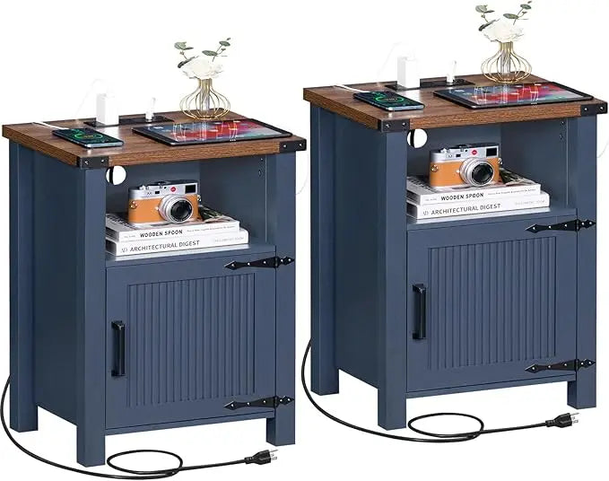 SERENA Farmhouse Nightstand Set of 2 with Charging Station - 18" Rustic Bedside Table with USB Ports & Storage