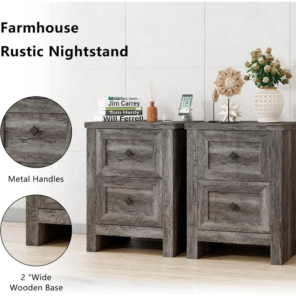 LAILA Nightstand Set of 2 - 17.7" Wide Wood End Table with Charging Station & Storage Drawers