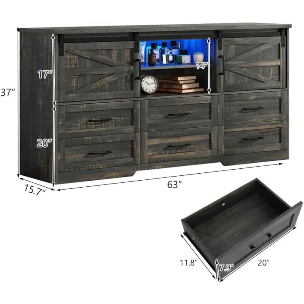 JORDYN Rustic Farmhouse Dresser – 6 Drawer Storage Chest with Sliding Barn Doors & LED Lights | 63'' W