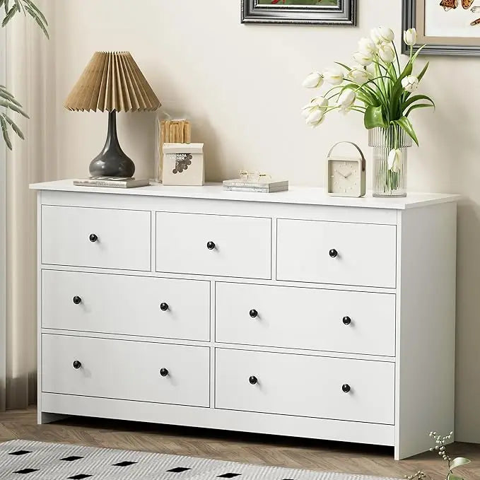 BRYNLEE Modern Minimalist 55'' Wide 7-Drawer Wood Dresser with Gold Handles
