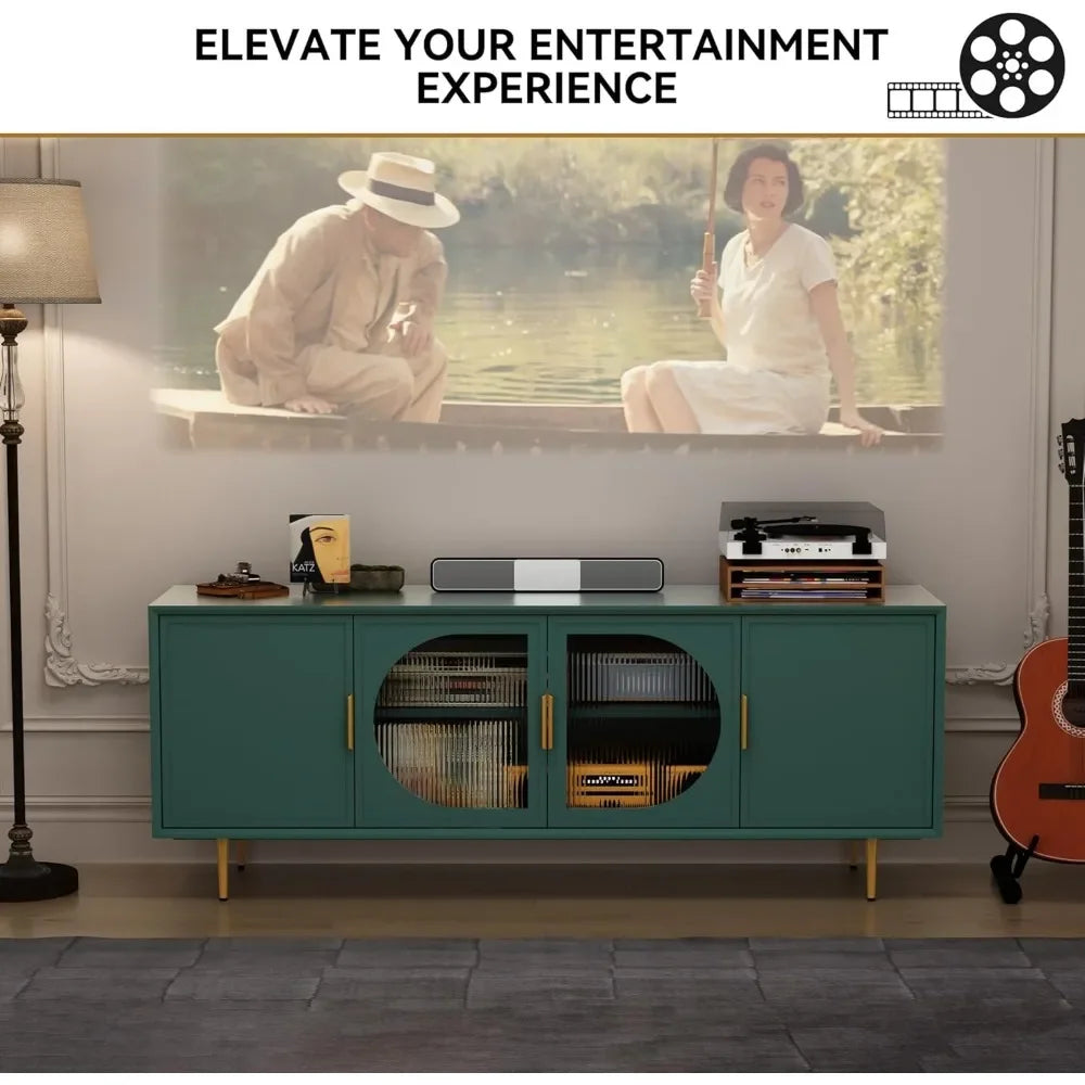Modern TV Stand for TVs up to 70+ inch, Glass Door Television Console Table with Gold Leg, Entertainment Center with Storage
