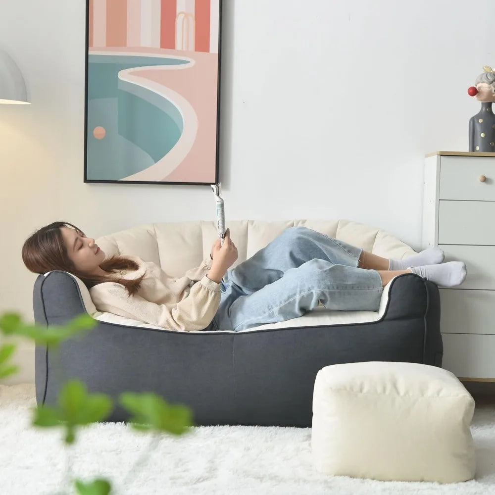 ARIELLE Modern Crescent Bean Bag Loveseat Sofa with Footrests – Cotton Fabric Couch - 45"W