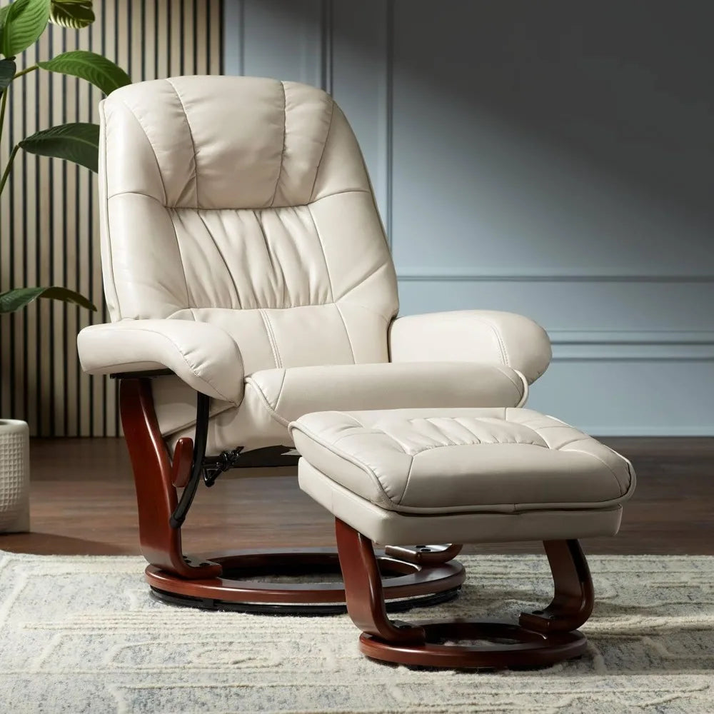 MOLLY Kyle Taupe Swivel Recliner Chair with Ottoman – Modern Faux Leather Armchair – 28.5"-42" W