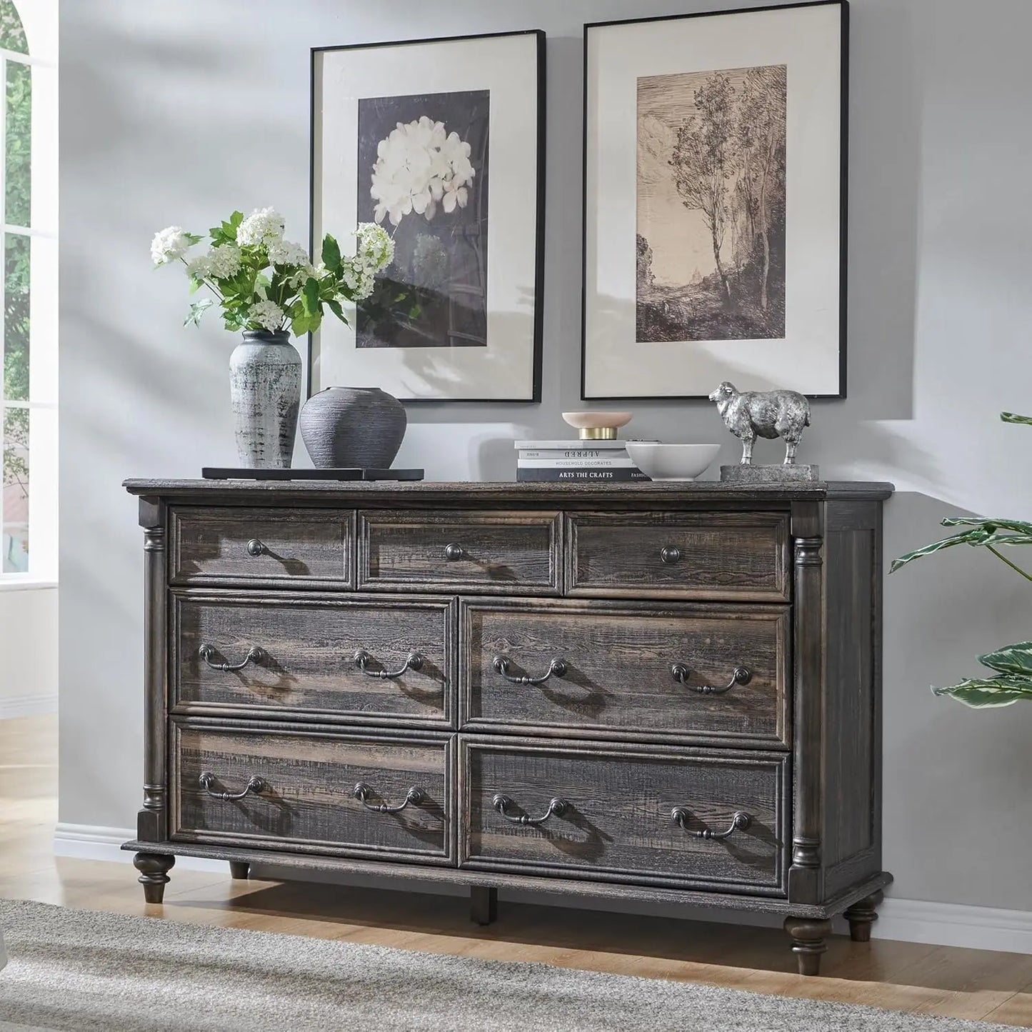 KALI Farmhouse 7-Drawer Wide Wood Dresser - 54'' Rustic Storage Chest