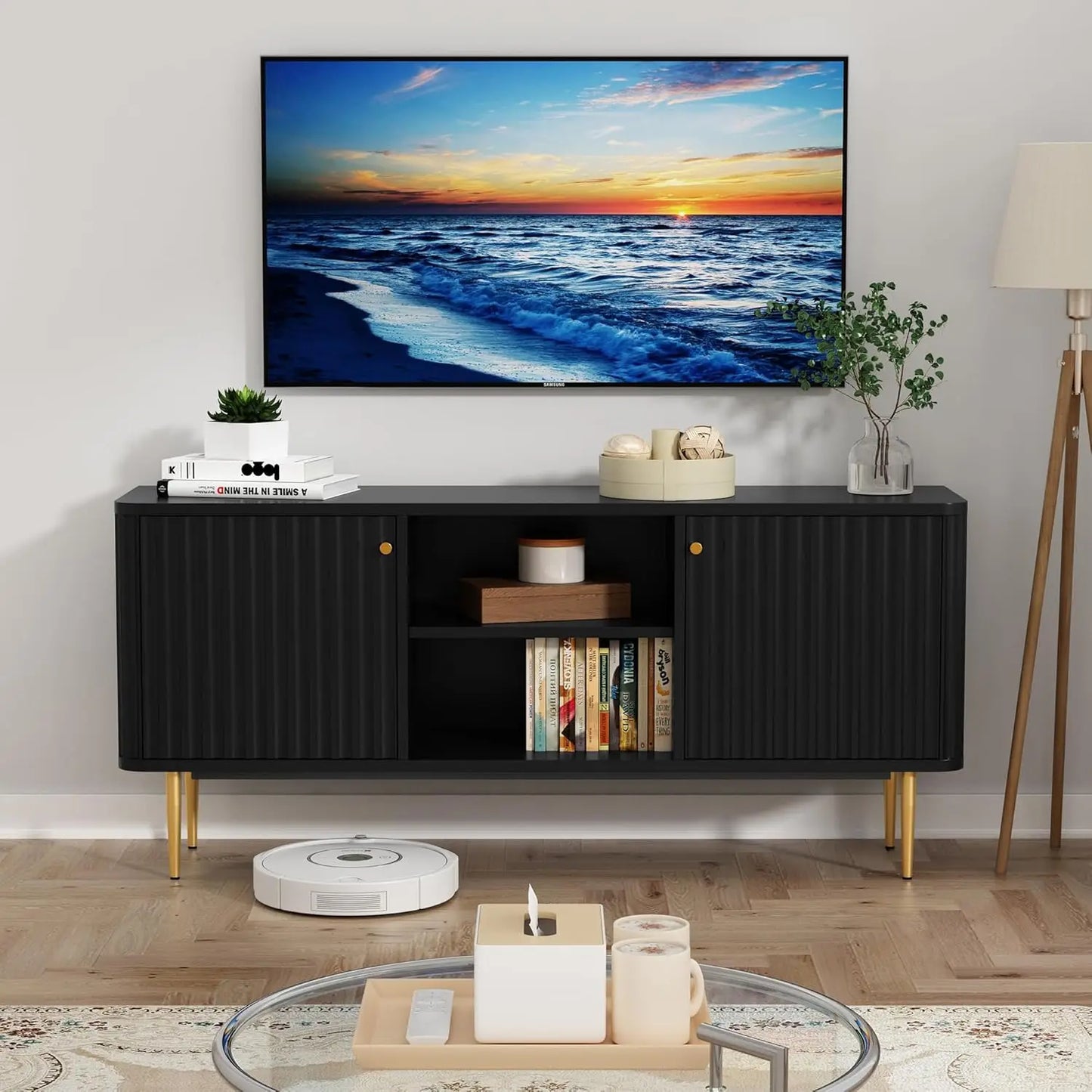 QUINN Lyra Fluted Modern TV Stand – Mid-Century Media Console Entertainment Unit – 55" W