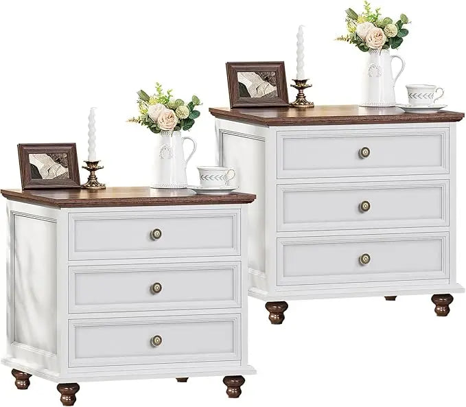 NAYELI Wide Nightstand Set of 2 – Solid Wood End Table with 3 Drawers for Bedroom