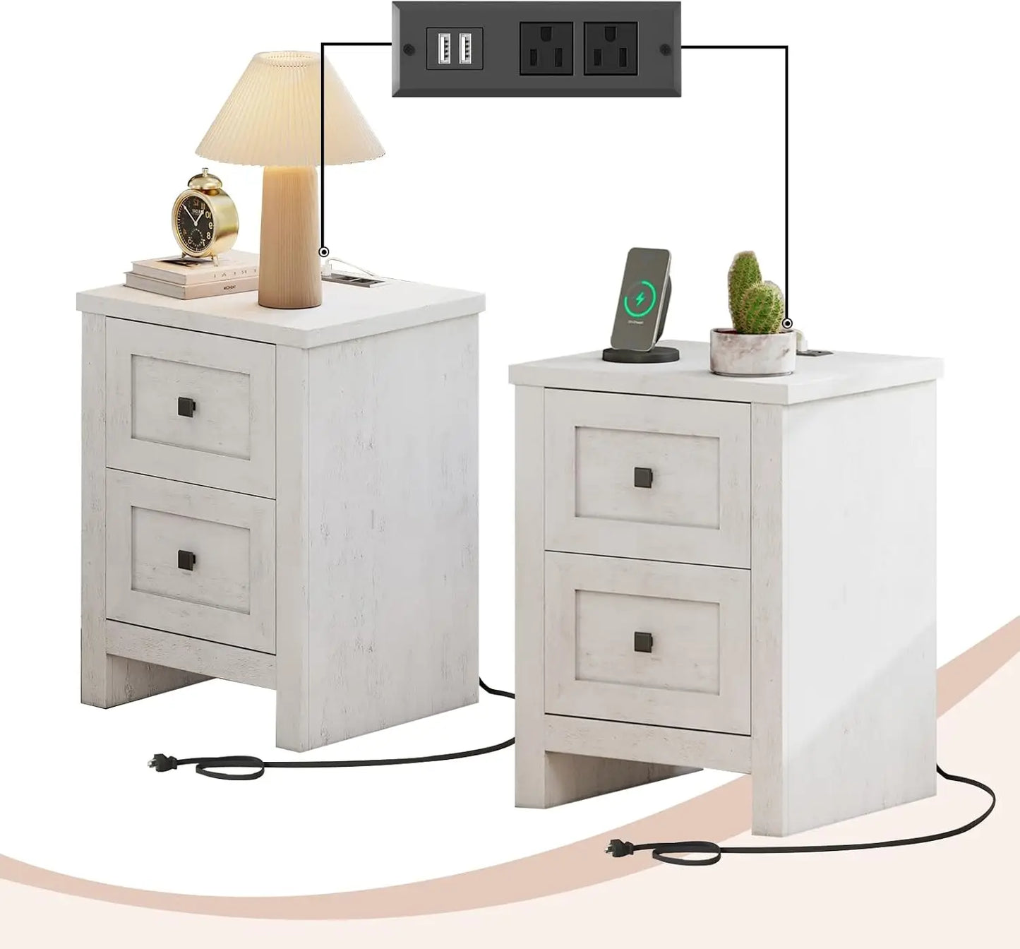 LAILA Nightstand Set of 2 - 17.7" Wide Wood End Table with Charging Station & Storage Drawers