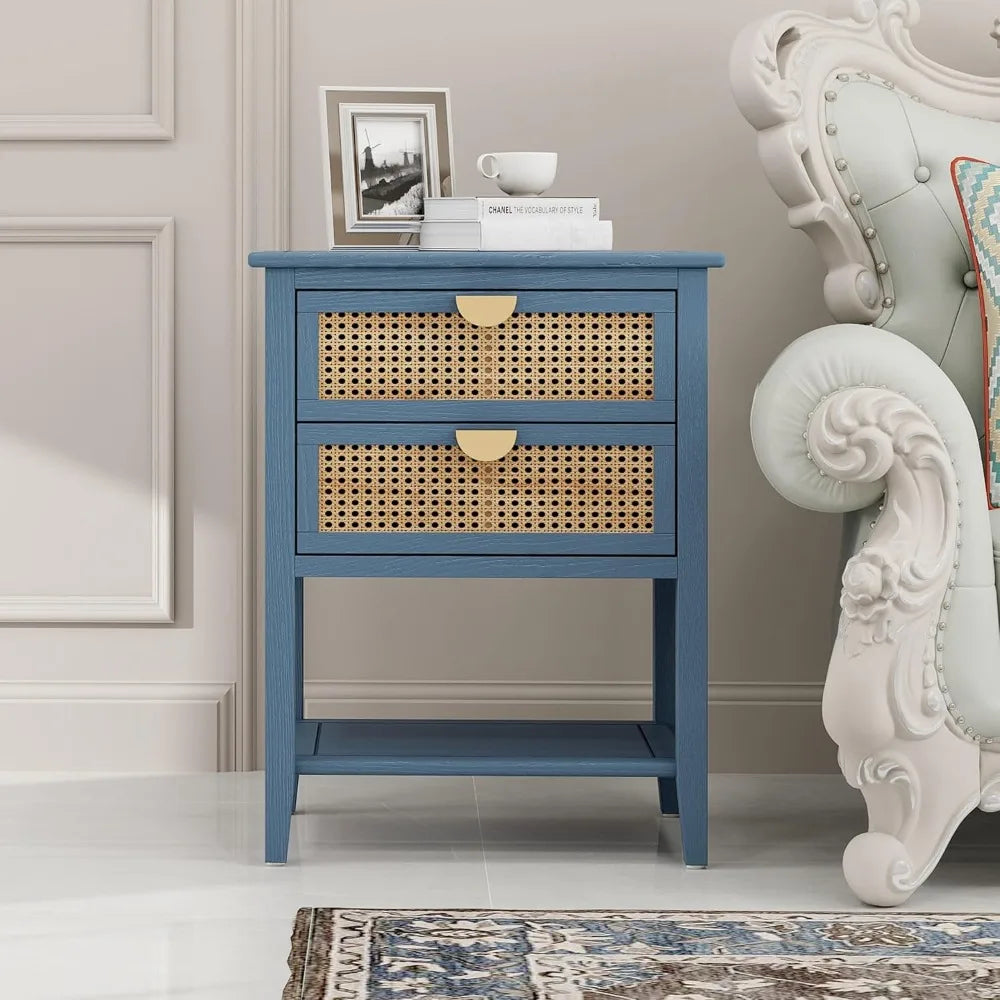 EVELYNN Modern Blue Rattan Nightstand Set - 2-Drawer Side Table 18'' Wide