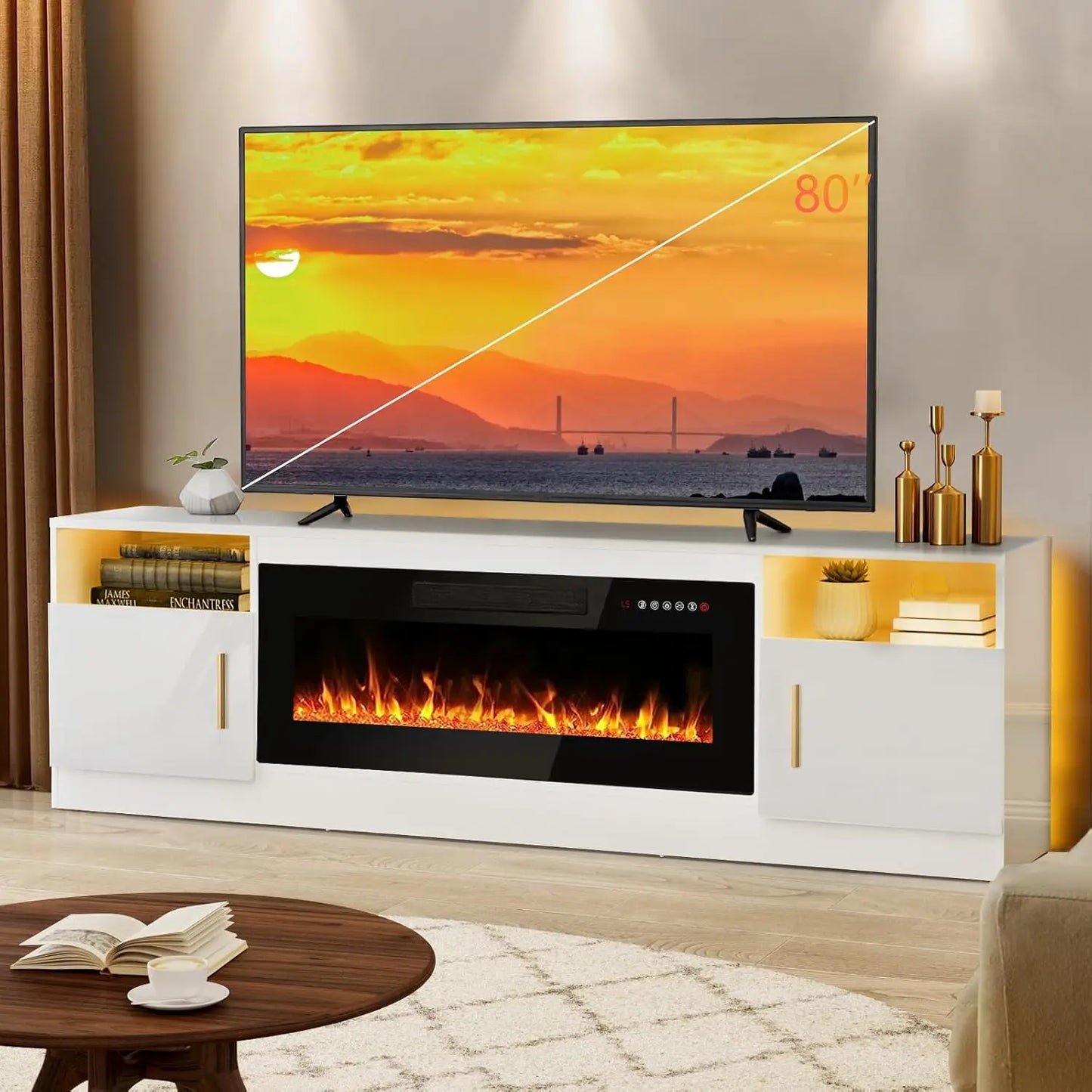 AARON Fireplace LED Entertainment Center, Media TV Console - 70" W