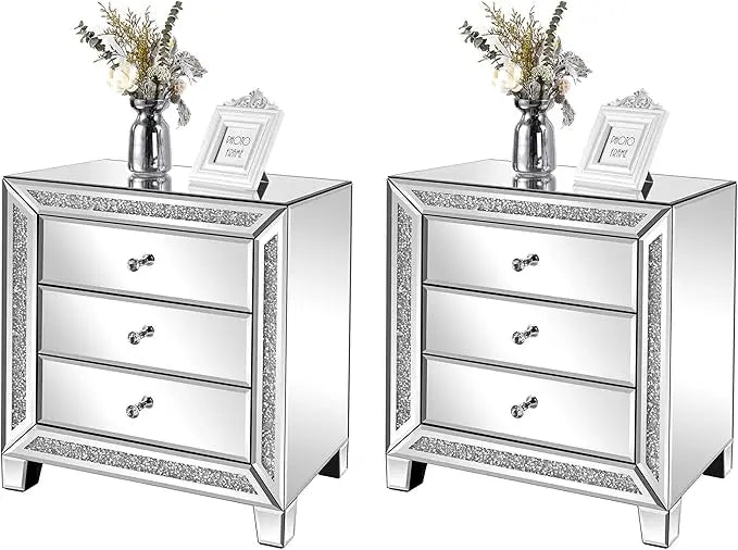 AMORA Glam Mirrored Nightstand – Modern Crystal-Trimmed End Table with 3 Drawers, 23" Wide