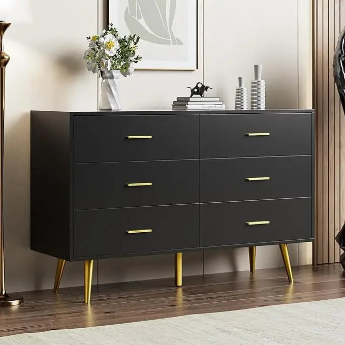 RACHEL Mid-Century Modern 6-Drawer Wood Dresser with Gold Handles - 47.24'' Wide