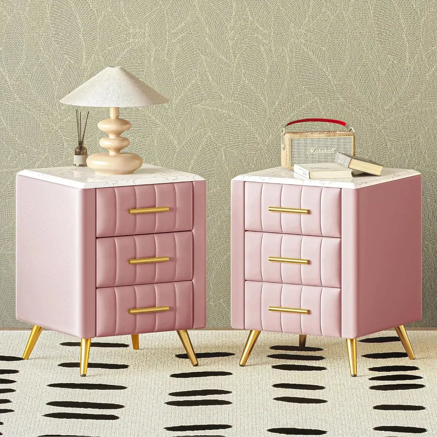 NYLAH Elegant Velvet Upholstered Nightstand with Marbled Top – 16.3" Wide, 3-Drawer End Table