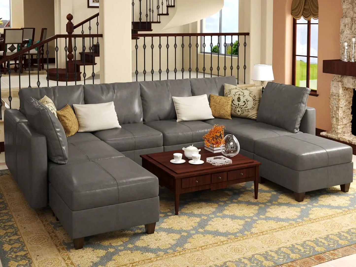 AVERY LuxOra Faux Leather U-Shaped Modular Sectional Sofa | Convertible Sleeper with Storage Ottomans – 118.2″ W