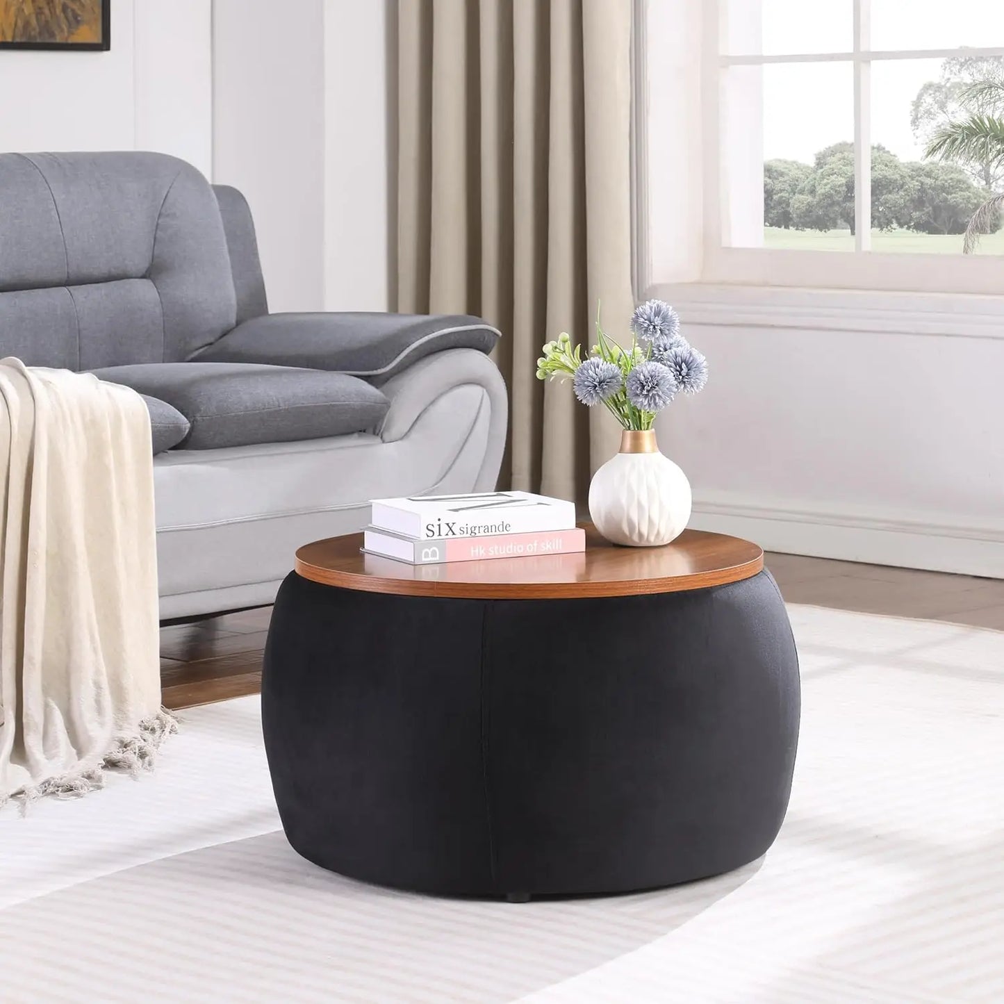 KAYLA Round Velvet Ottoman Storage Coffee Table – 26"W