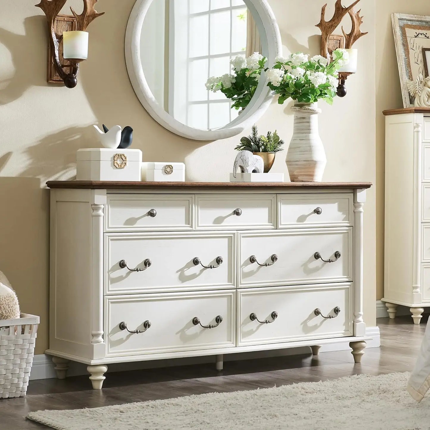 KALI Farmhouse 7-Drawer Wide Wood Dresser - 54'' Rustic Storage Chest