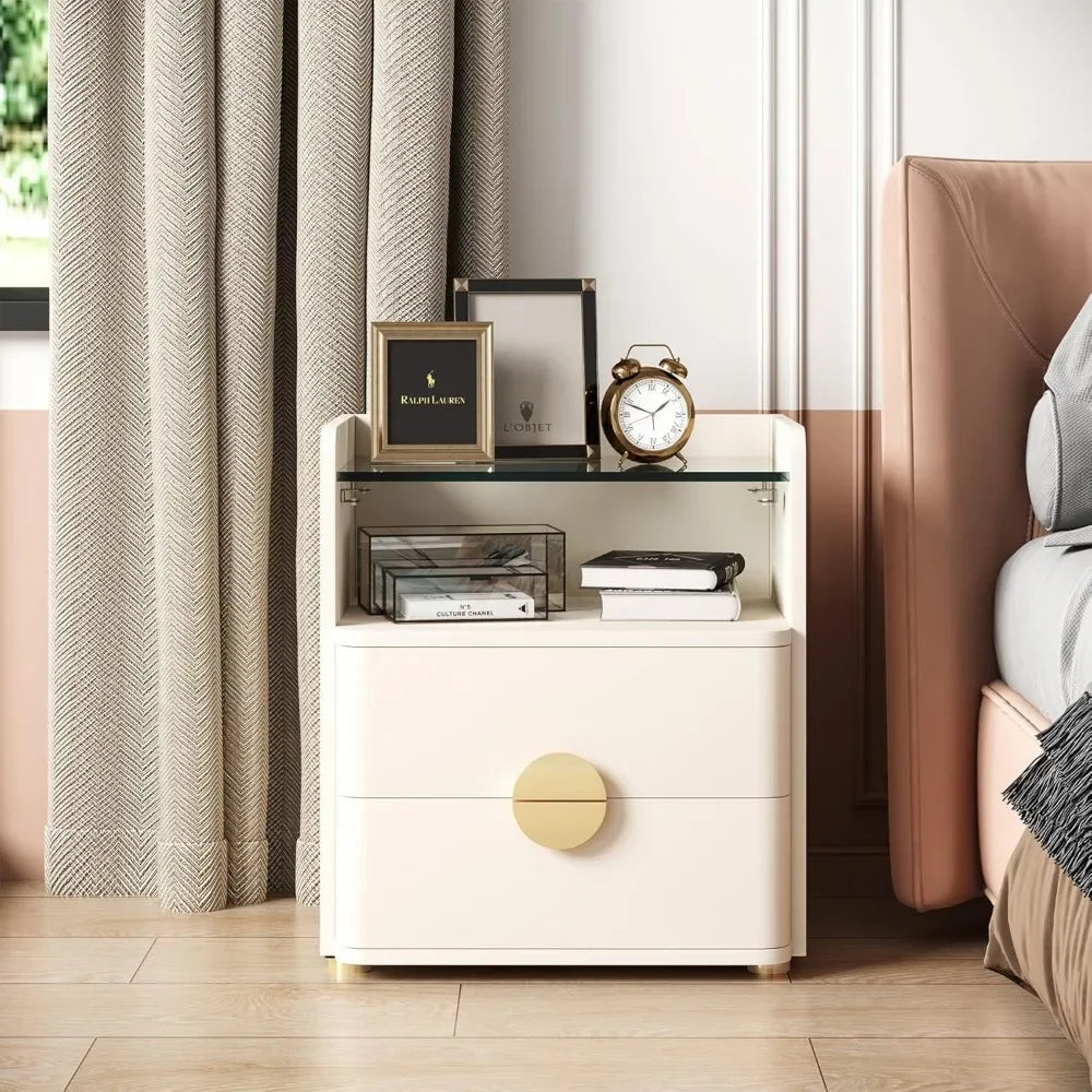 GRACELYNN Modern Glass-Top Nightstands Set of 2 – 2-Drawer Beige Bedside Table with Open Storage