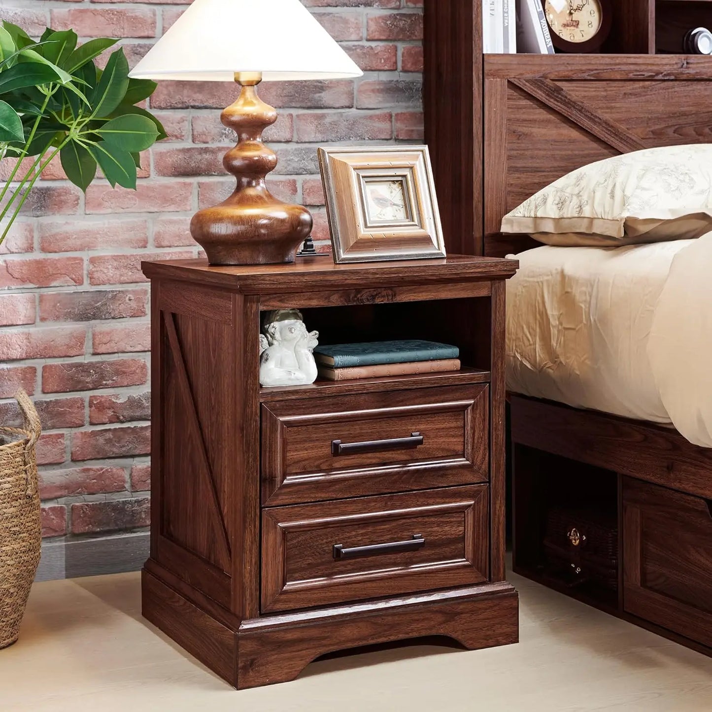 AMARI Farmhouse Nightstand with Charging Station – Rustic End Table with Storage Drawers – 18” Wide
