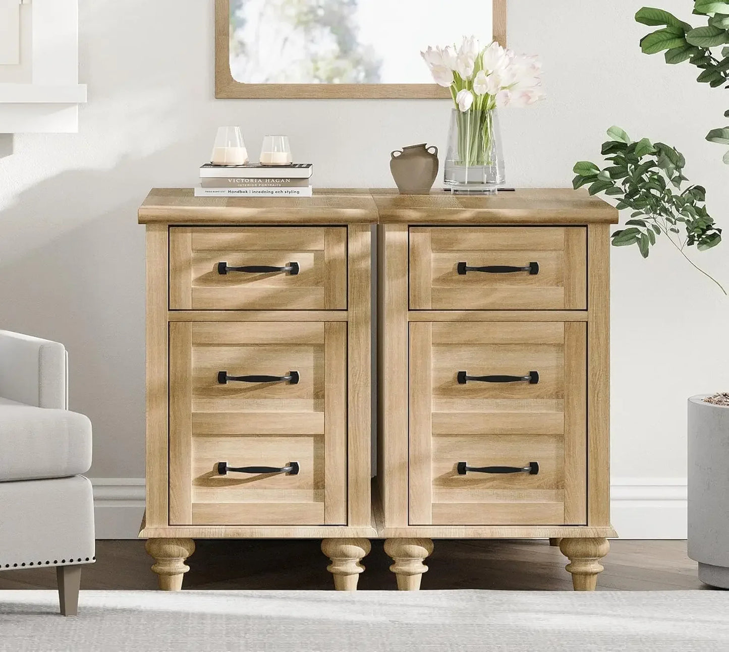 LILLIANA Wood Nightstand with Charging Station and Storage Cabinet – 14.9” Wide