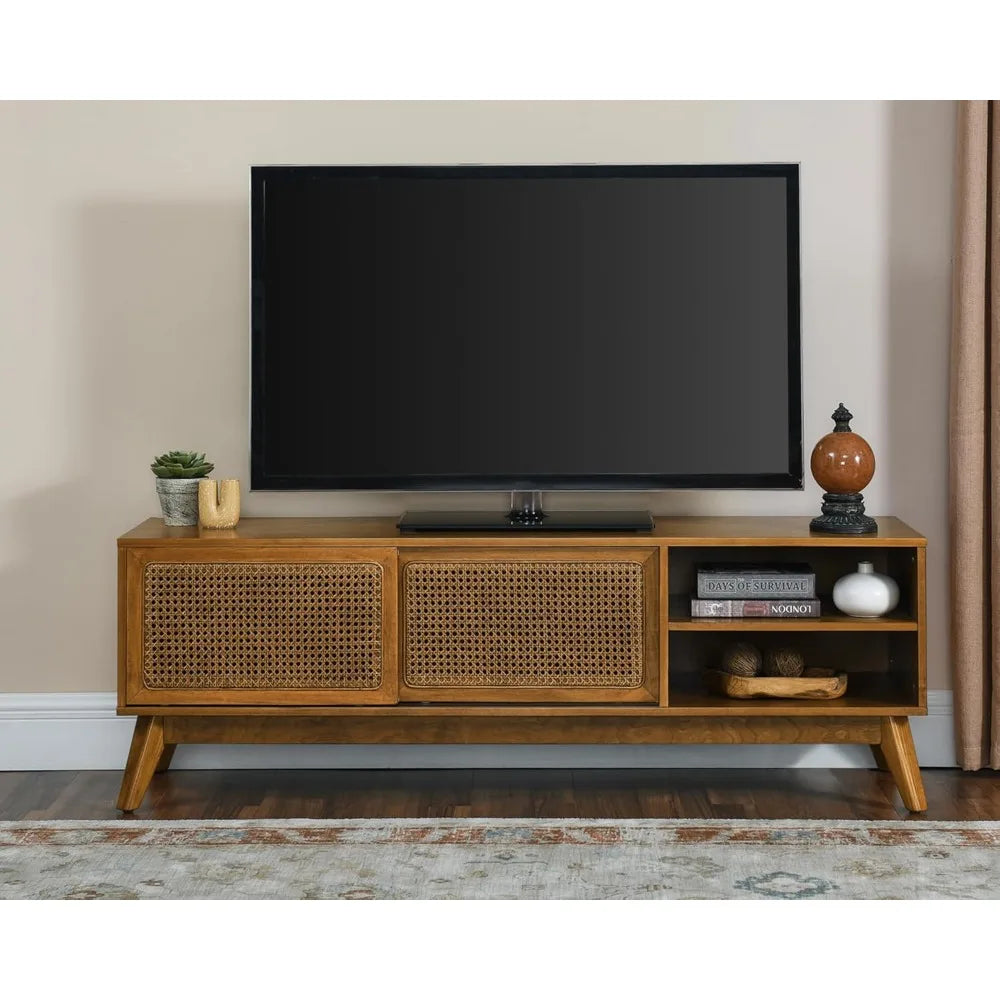 59 Inch Mid Century Modern TV Stand with Rattan Cabinet Doors, Boho TV Stand for 65 Inch TVs, Living Room/Bedroom TV Stand