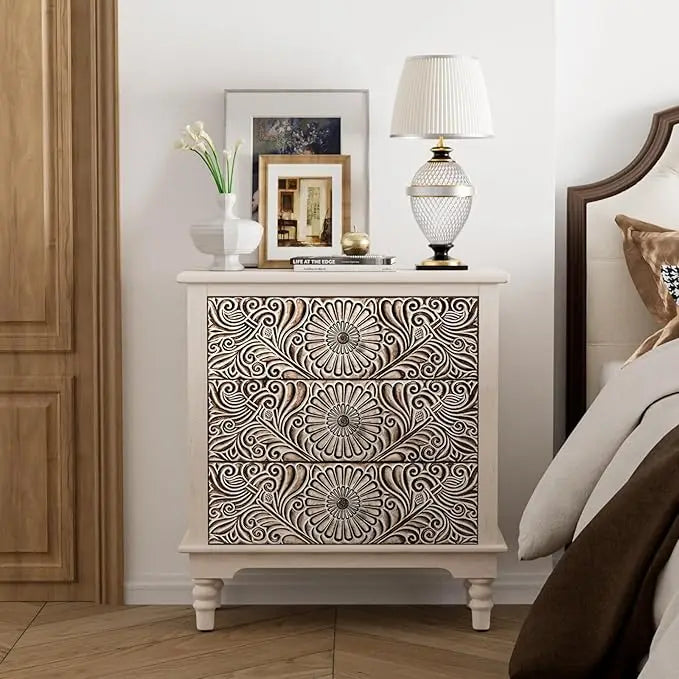 HOPE Vintage Floral Carved Wooden Nightstand Set – 18" Wide Bedside Table with 2 Drawers