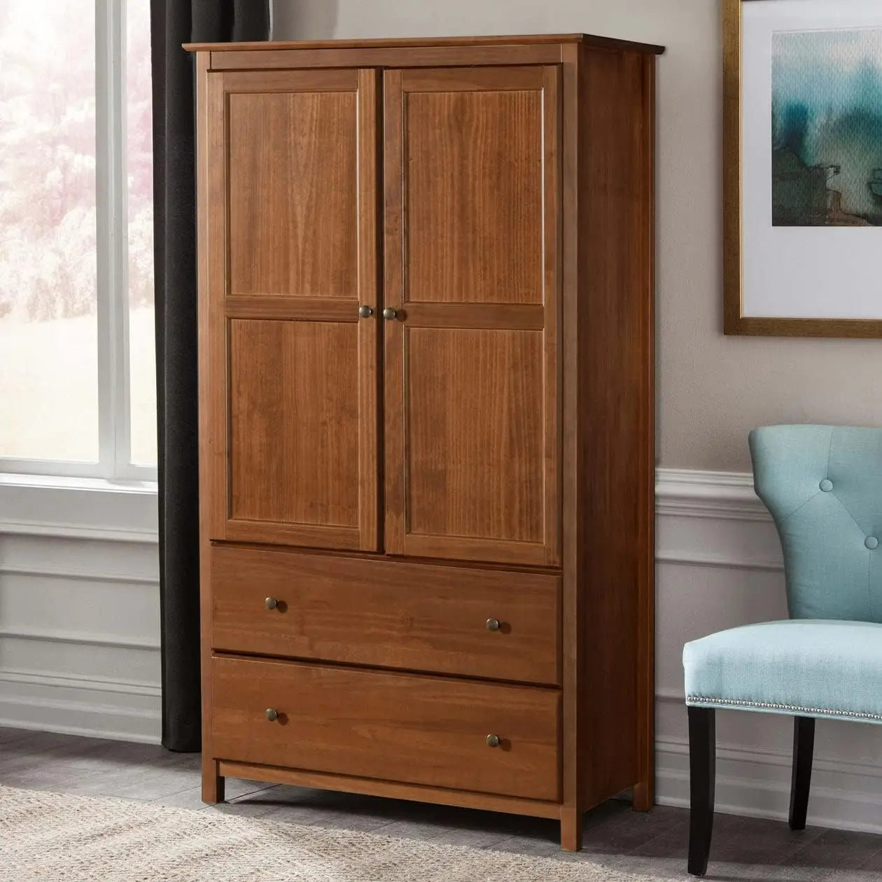 HELEN Wood Wardrobe Armoire – 2-Door Cherry Finish Clothing Cabinet
