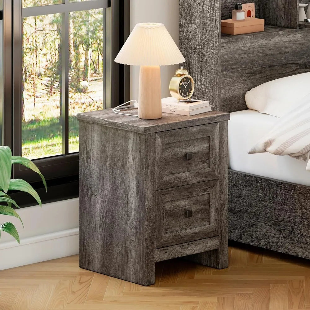 LAILA Nightstand Set of 2 - 17.7" Wide Wood End Table with Charging Station & Storage Drawers