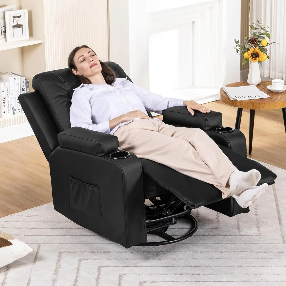 NORA Swivel Rocker Recliner Chair - Massage & Heat - Modern Faux Leather - 24" W