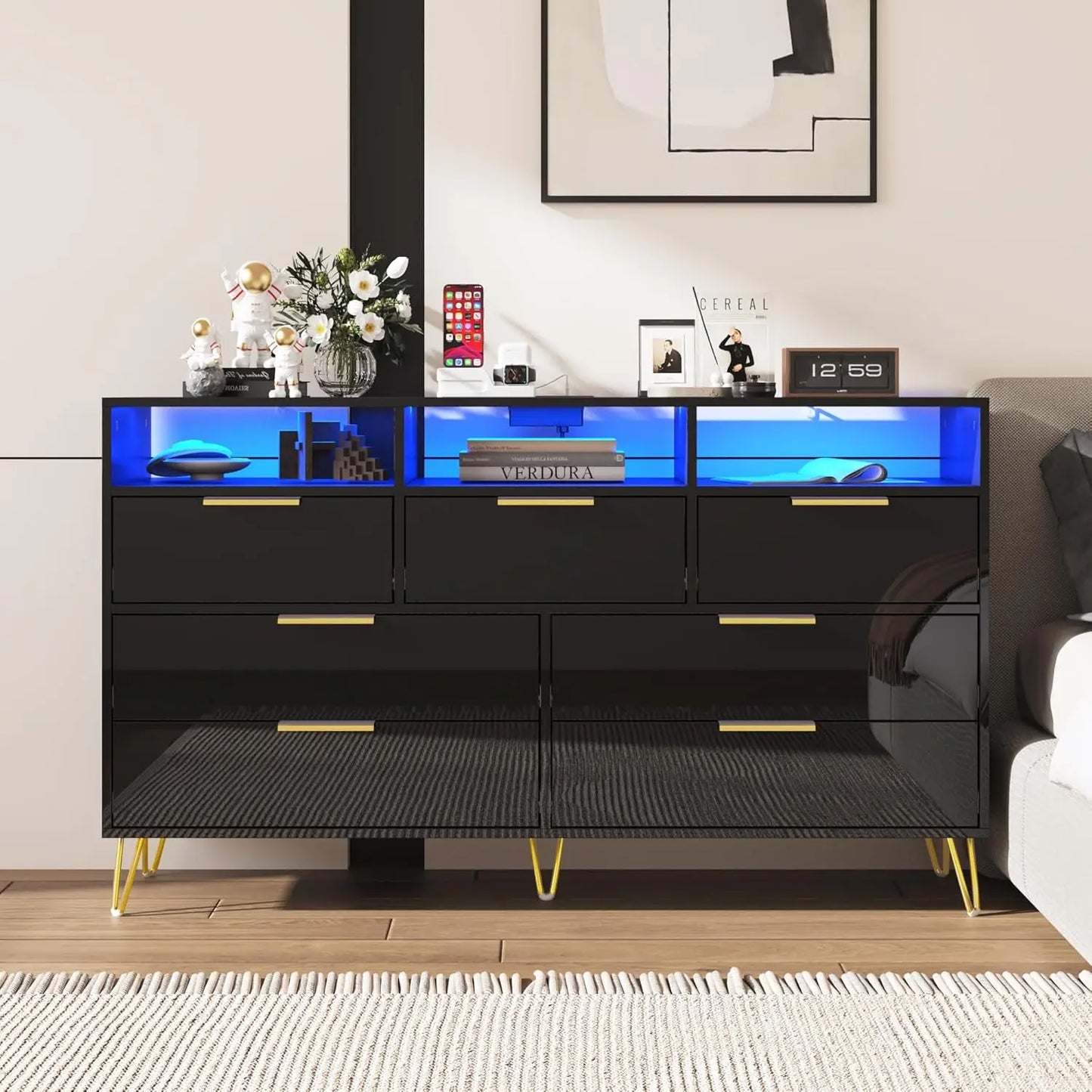 LOLA Modern High Gloss LED Dresser – 6 Drawer Chest with Gold Legs & Open Storage | 55.1'' W