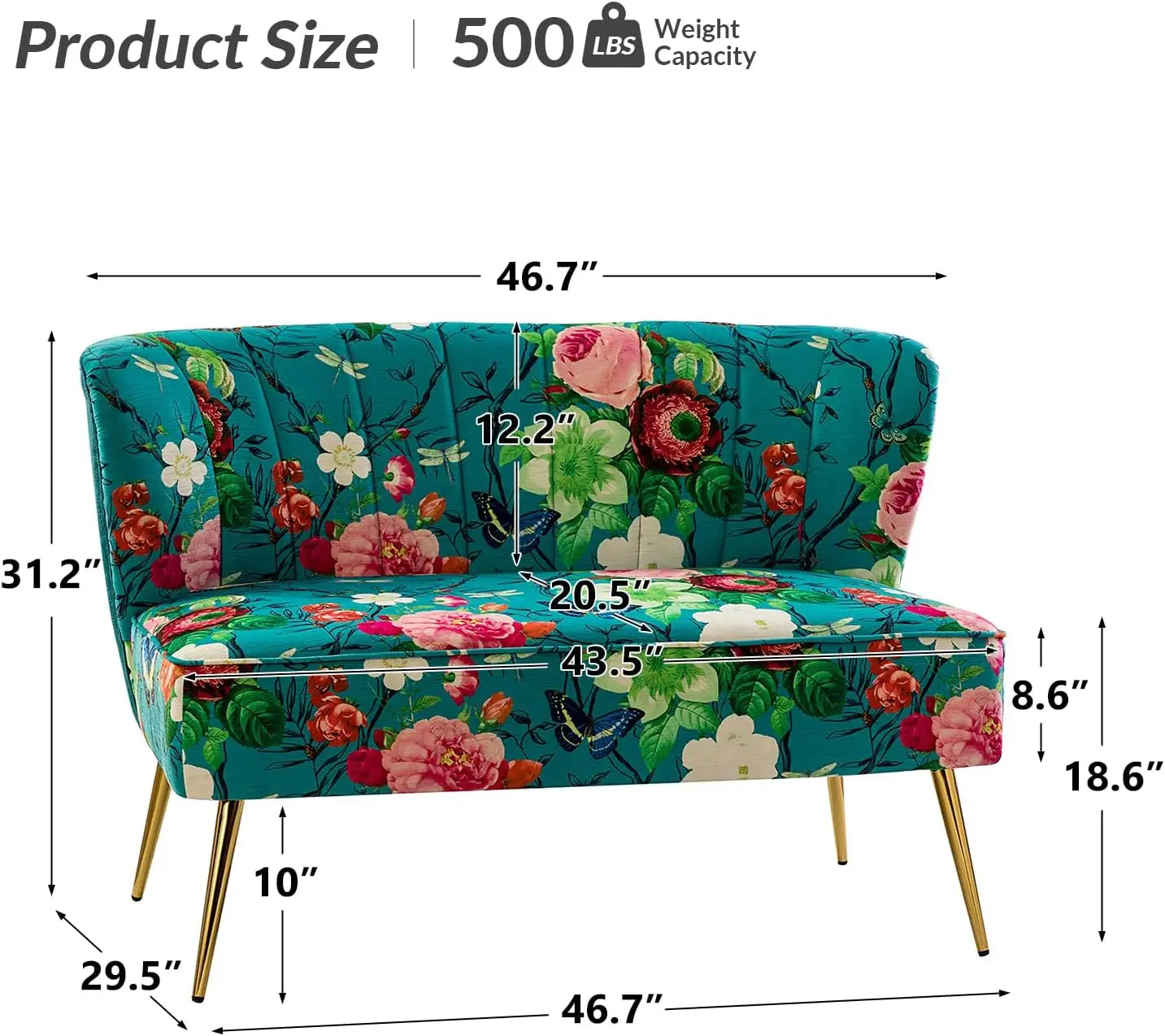 RUBY USA Loveseat Sofa – Modern Floral 2-Seat Armless Couch - 46.7" W