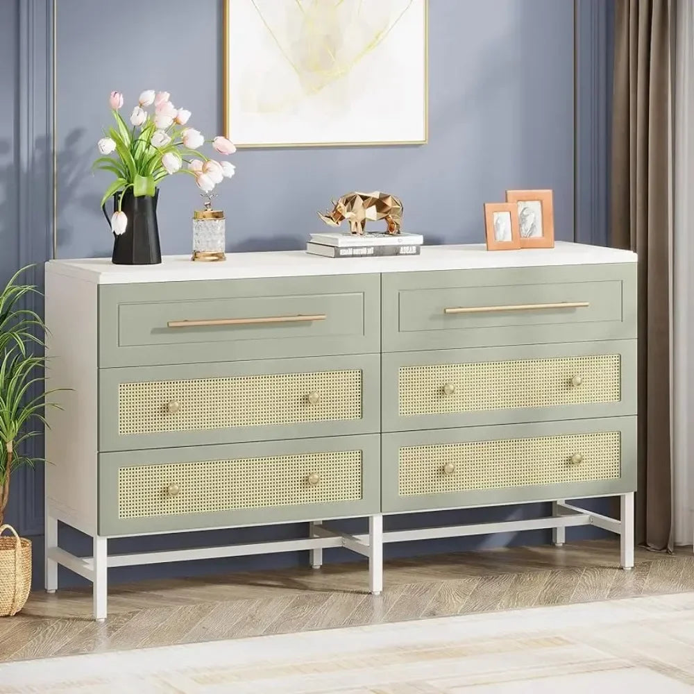SUTTON Modern Rattan 6 Drawer Dresser - 55" Wood Storage Chest