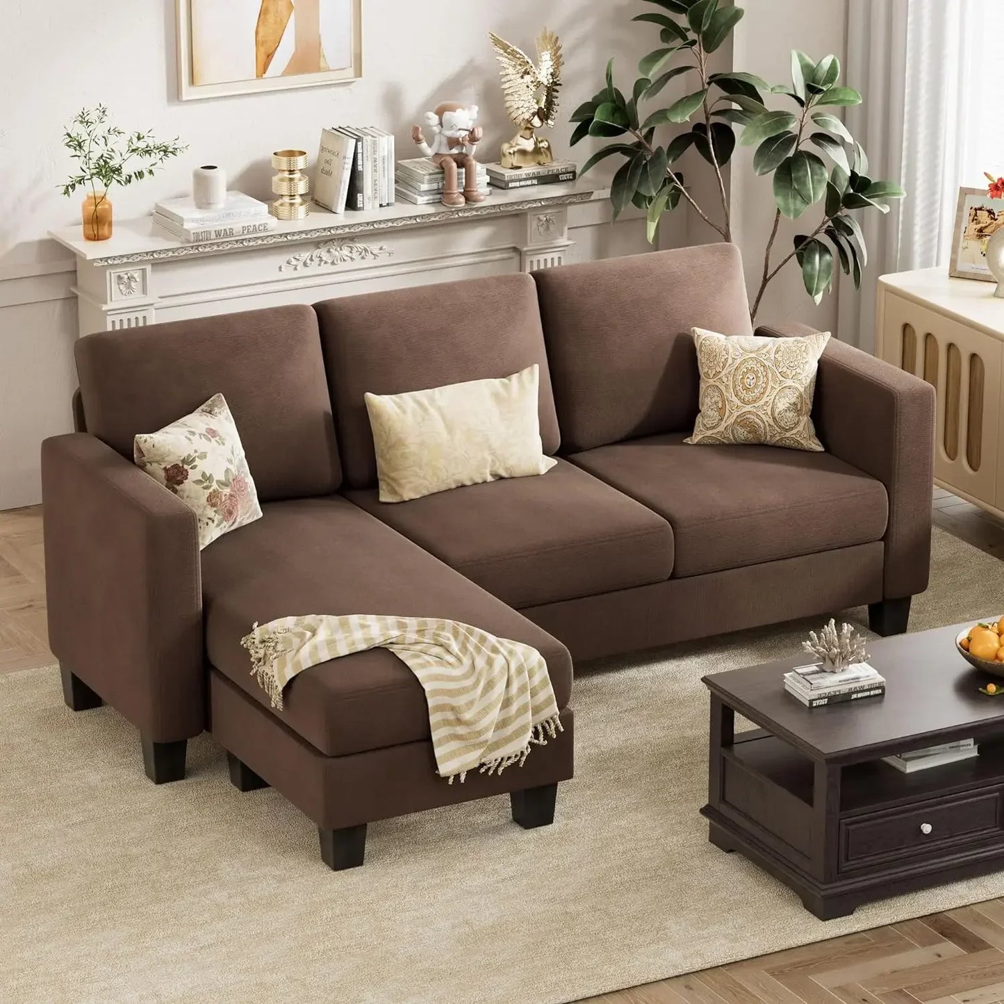 ANGELA Modern Linen Convertible L-Shaped Sectional Sofa – 3-Seater Couch with Movable Ottoman - 70.8"W