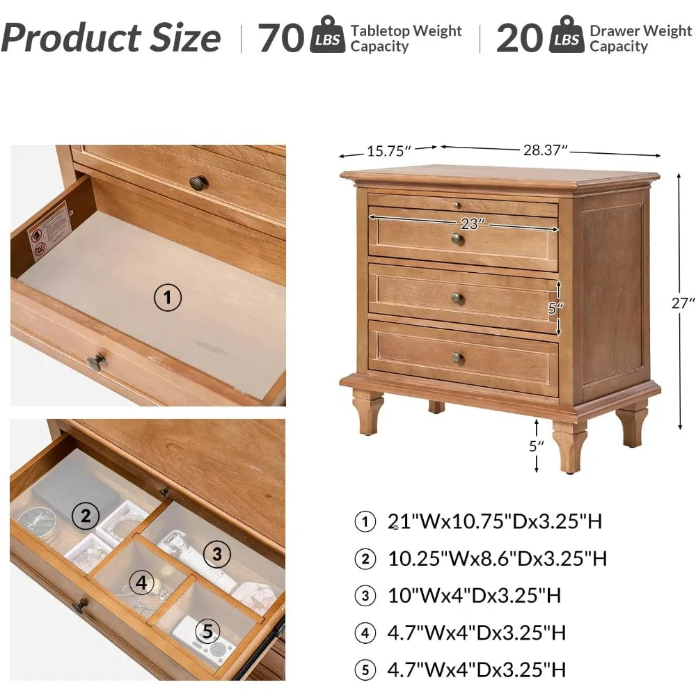 REGINA Farmhouse Nightstand Set of 2 with Charging Station, Pull-Out Shelf & Solid Wood Legs - 27''
