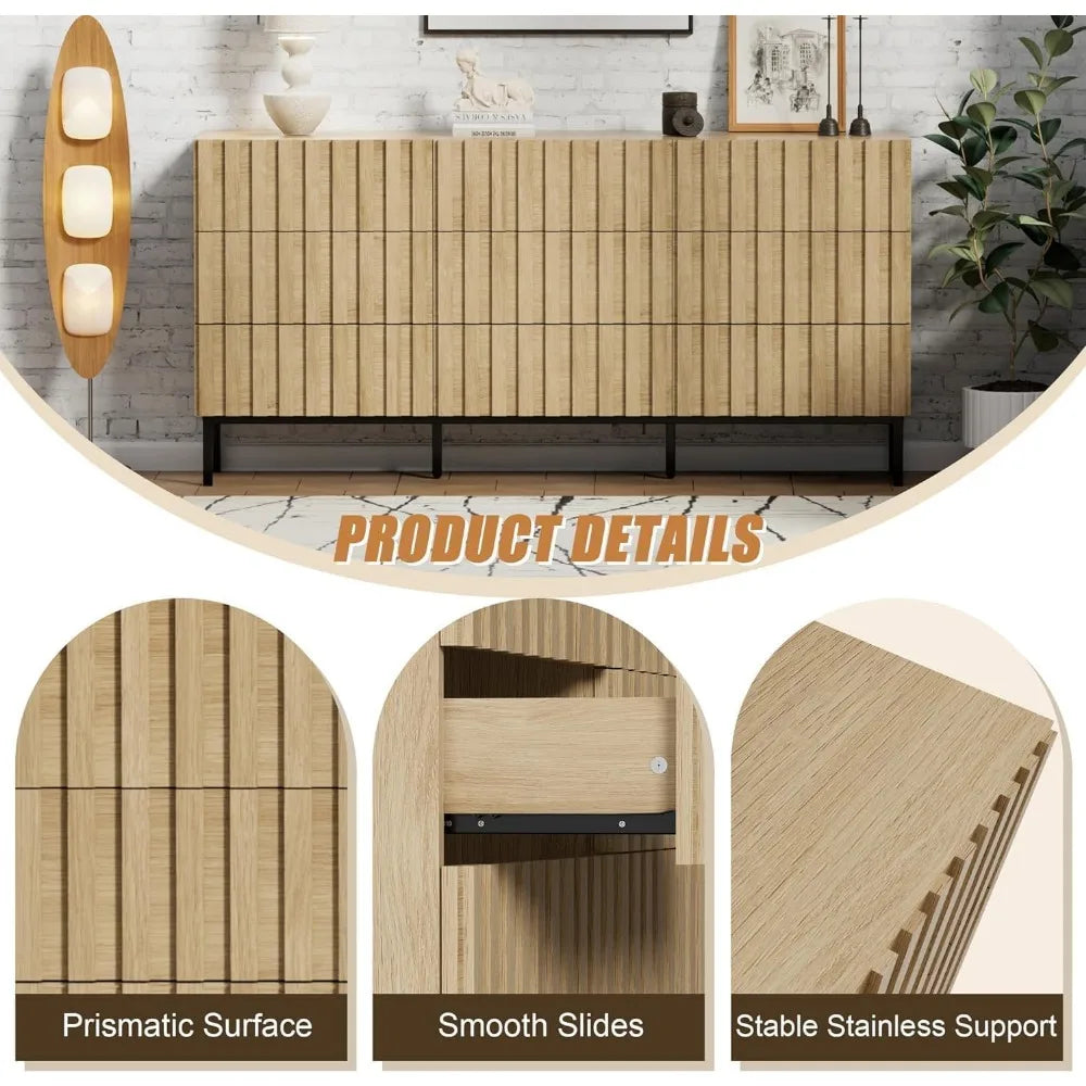 ROWAN Mid-Century Modern Fluted 9 Drawer Dresser - 59" Wide Wood Chest of Drawers