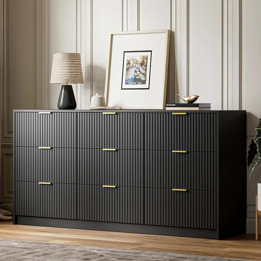 ANGELA Modern Fluted 9-Drawer Dresser - 63'' Wide Black Wood Storage Chest
