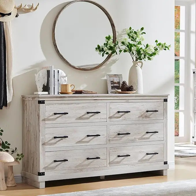 LEILA Farmhouse Rustic 6-Drawer Dresser - 54" Wide Chest of Drawers for Bedroom Storage