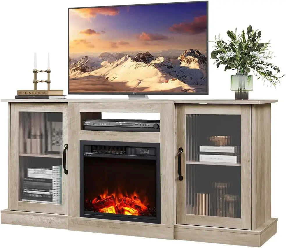 TYLER Retro TV Stand with Fireplace, Entertainment Center - 58" W