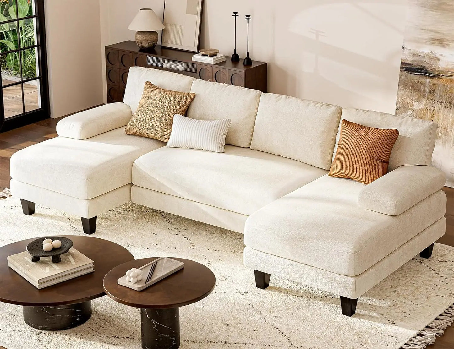 RYLEIGH Modern Foam Upholstered U-Shaped Sectional Sofa – Double Chaise Lounge Couch | 111.8"W
